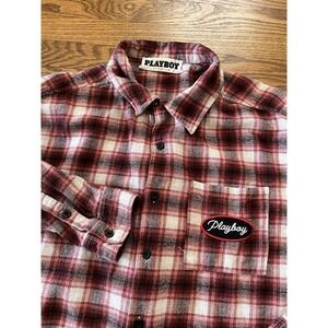 Playboy By PacSun Red & White Plaid Long-Sleeve Shirt Men's Size Large